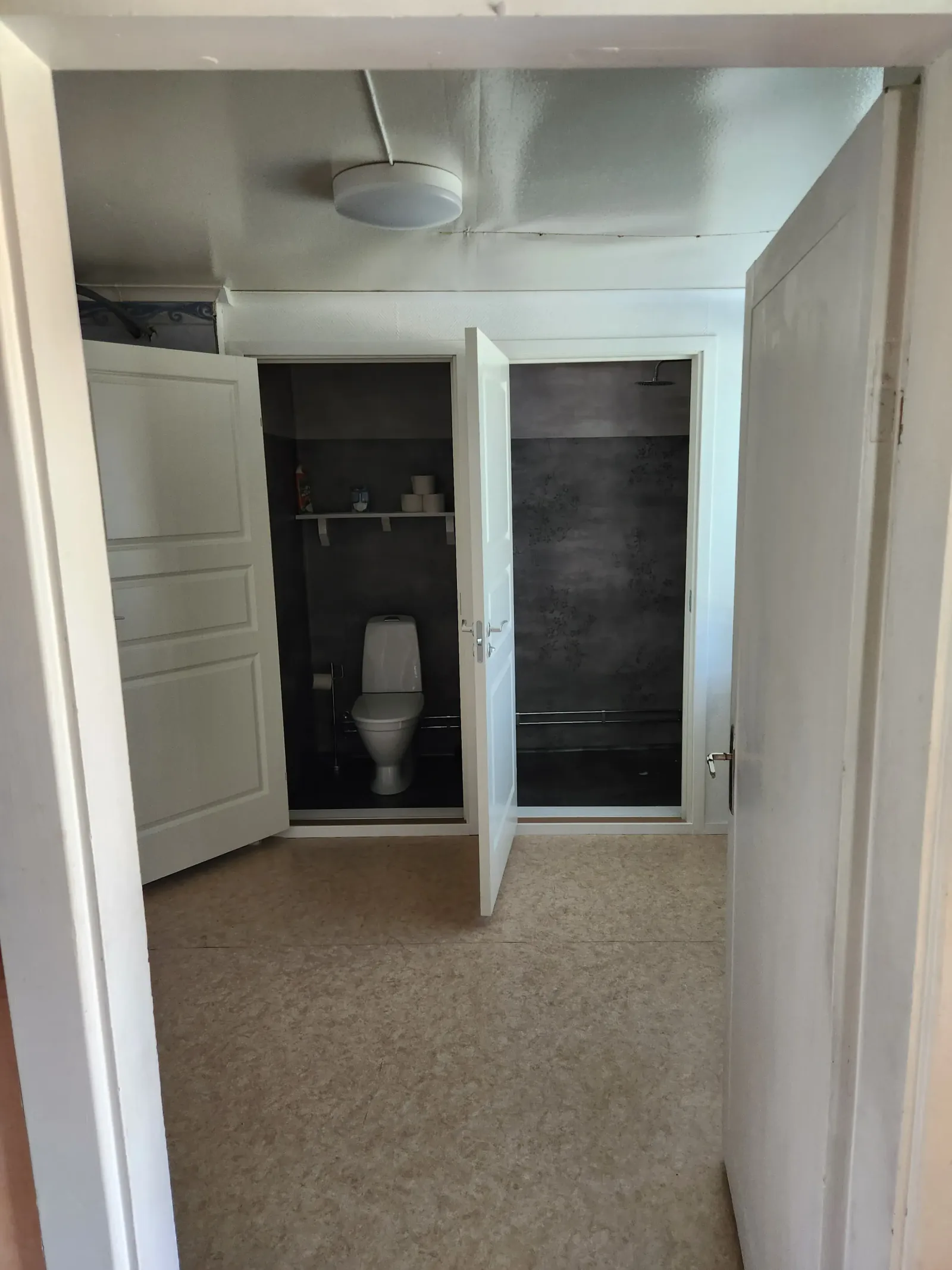 Renovated bathroom area with a separate toilet and shower