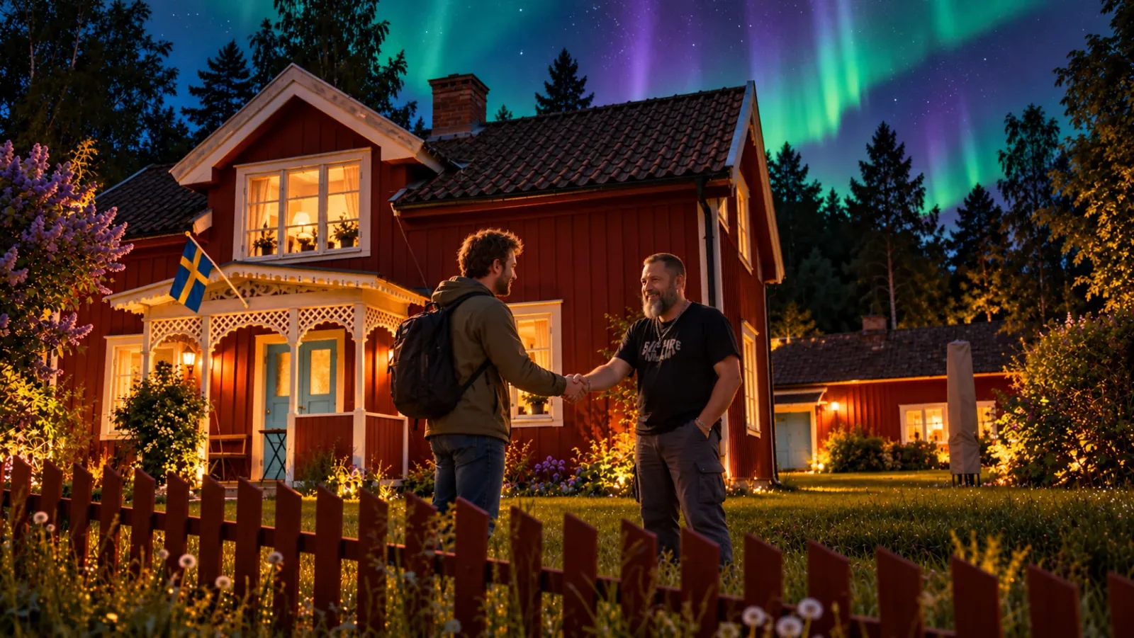 Nico greeting a customer outside a warmly lit Swedish home under the northern lights