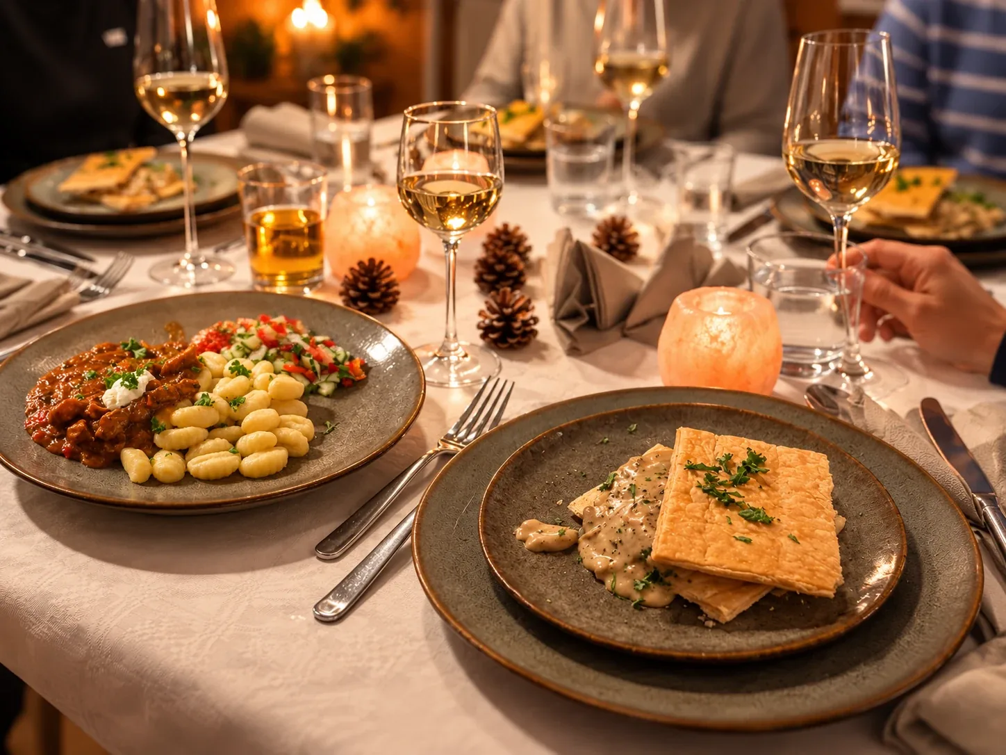 Stämningsfullt middagsbord med flera upplagda rätter, vinglas och levande ljus